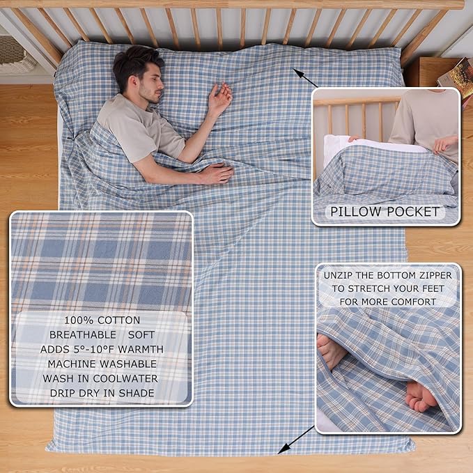 100% Cotton Sleeping Bag Liner with Full Length Zipper on 3 Sides; Single/Double Adult Sleep Sack for Travel & Camping, Multifunctional Travel Sheets (Unzipped 87”x87”) for Hotel, Lightweight