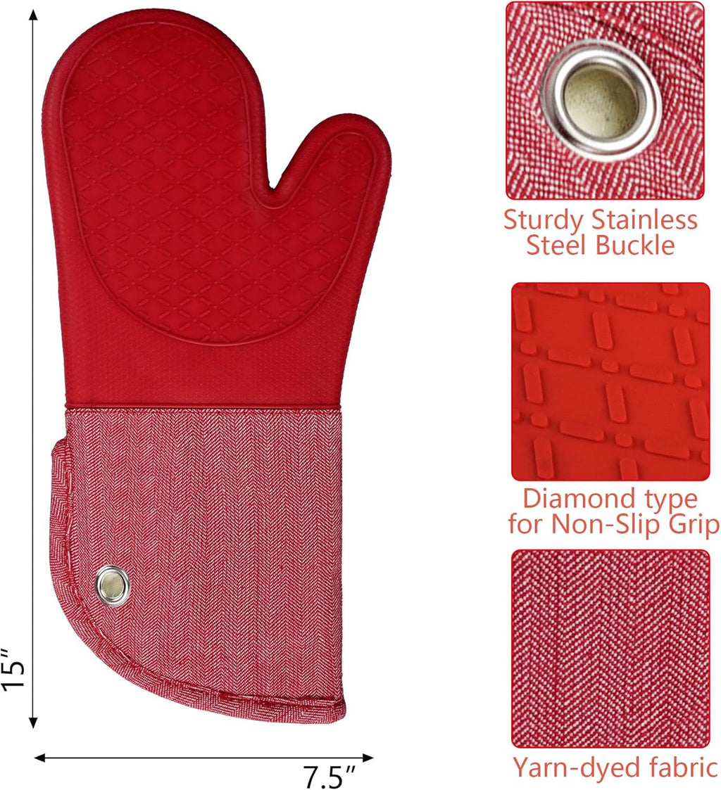 Professional Microwave Silicone Oven Mitts one Pair, Kitchen Mitten Set for Heat Resistant with 500 Degrees, Kitchen Gloves Pot Holder for BBQ Cooking Baking (Red)
