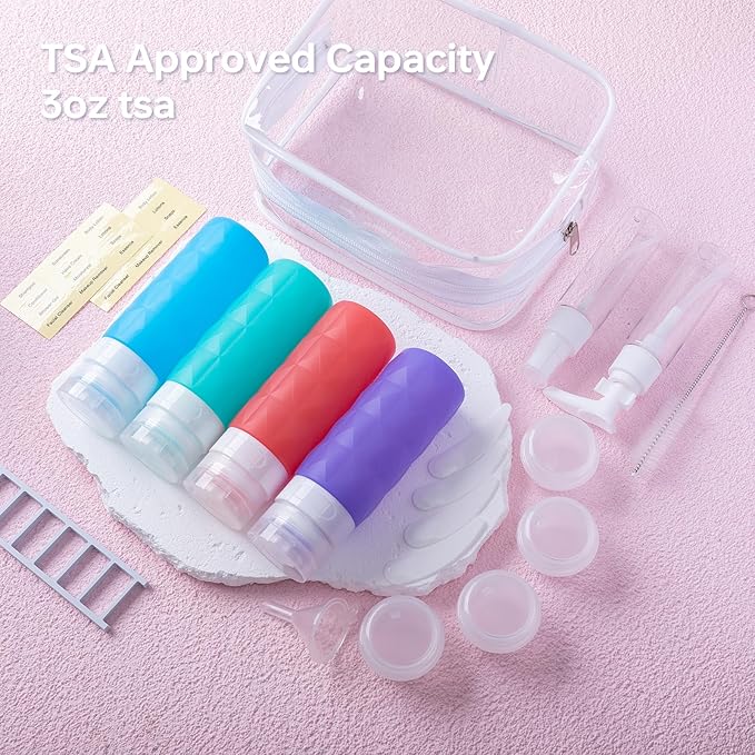 20 Pack Travel Bottles Set,Leak Proof TSA Approved Travel Size Containers, Silicone Squeezable Travel Essentials Jar Accessories for Conditioner, Shampoo, Lotion & Body Wash Accessories (Warm Color)