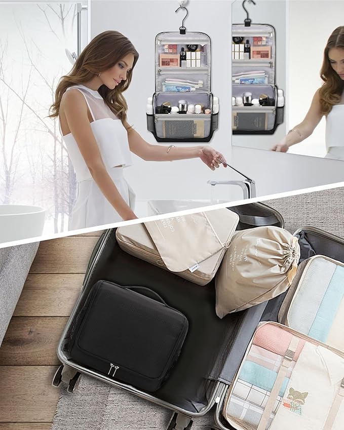 Relavel Toiletry Bag for Men, Hanging Travel Makeup Bag for Women, Waterproof Large Cosmetic Organizer Multiple Compartments for Accessories, Full Sized Toiletries, Dopp Kit Shaving Bag, Black