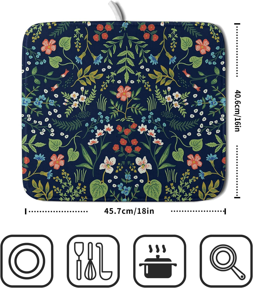 Flower Floral Dish Drying Mat 18x24 inch Microfiber Navy Blue Drying Mats with Hanging Loop Absorbent Green Leaves Dish Drainer Mat Reversible Flowers Drying Pad for Kitchen Counter Sink