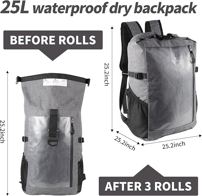 Dry Bag Backpack,25L Dry bags waterproof Kayaking, Waterproof bag with Waist Pouch and Phone Case,Waterproof Backpack Marine dry bag for Kayaking, Beach, Rafting, Boating (Gray)