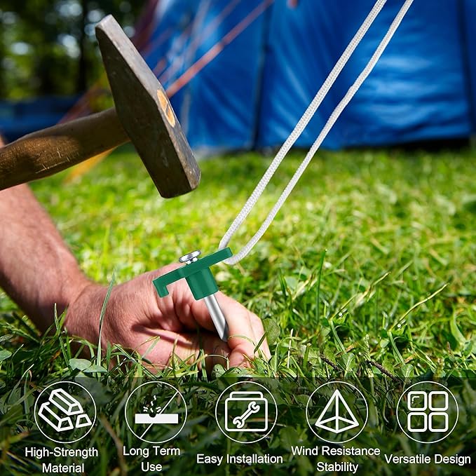 Aodaer 24 Pack Tent Stakes Heavy Duty Tent Pegs 10.25 Inch Non-Rust Metal Yard Stakes with 4x10ft Ropes and Storage Bag Inflatable Stakes for Gardening & Canopies, Camping Halloween Christmas, Green