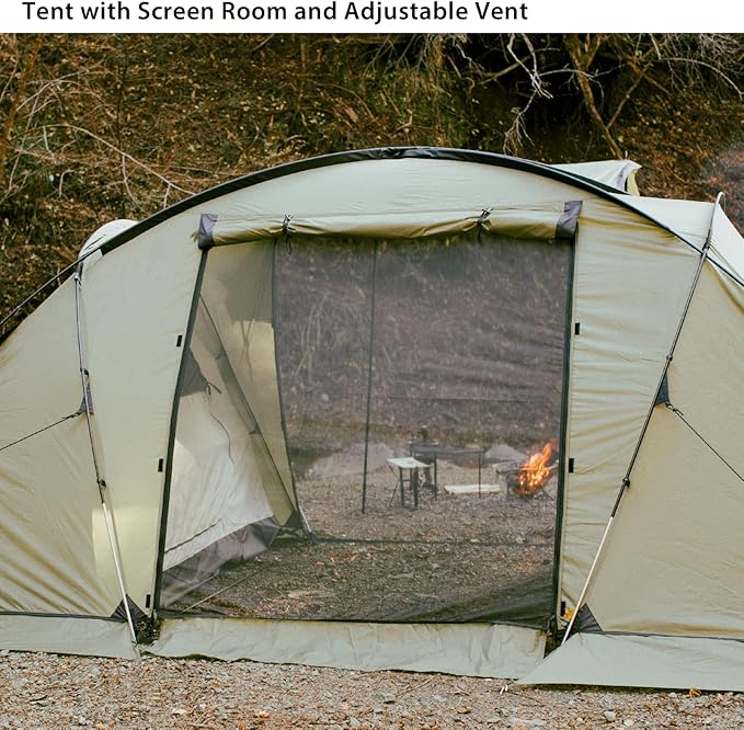 S'More Glamping Tent with Porch, 2/3/4/5/6 Person Durable Weatherproof Camping Tent, Large Family Tent with Room Divider, Easy Setup Tent with Screen Room