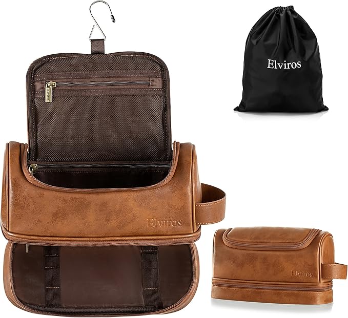 Elviros Toiletry Bag for Mens PU Leather Travel Organizer Kit with Hanging hook, Large Water-resistant Toiletries Bathroom Shaving Bags (Brown)