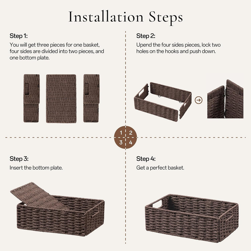 UBBCARE 2 Pack Wicker Basket, 11.5L×7.5H×3.5W inch Woven Paper Rope Storage Baskets for shelves, Foldable Rectangular Storage Baskets with Handle, Storage Basket for Organizing, Dark Brown