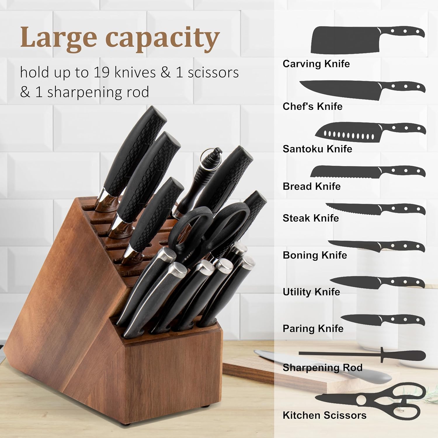 20 Slot Knife Block Storage without Knives,Acacia Wood Universal Knife Holder for Kitchen Countertop,Large Butcher Block Organizer,Easy Kitchen Knife Storage (Brown)