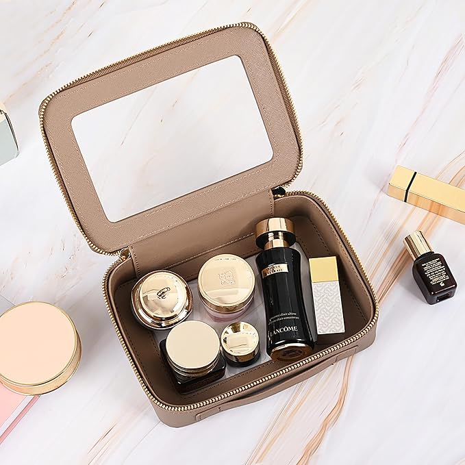 Aveniee Clear Makeup Bag for Women, Travel Cosmetic Case Toiletry Bag, Heavy Duty Makeup Organizer Car Bag for Accessories with Gold Zippers(Taupe)