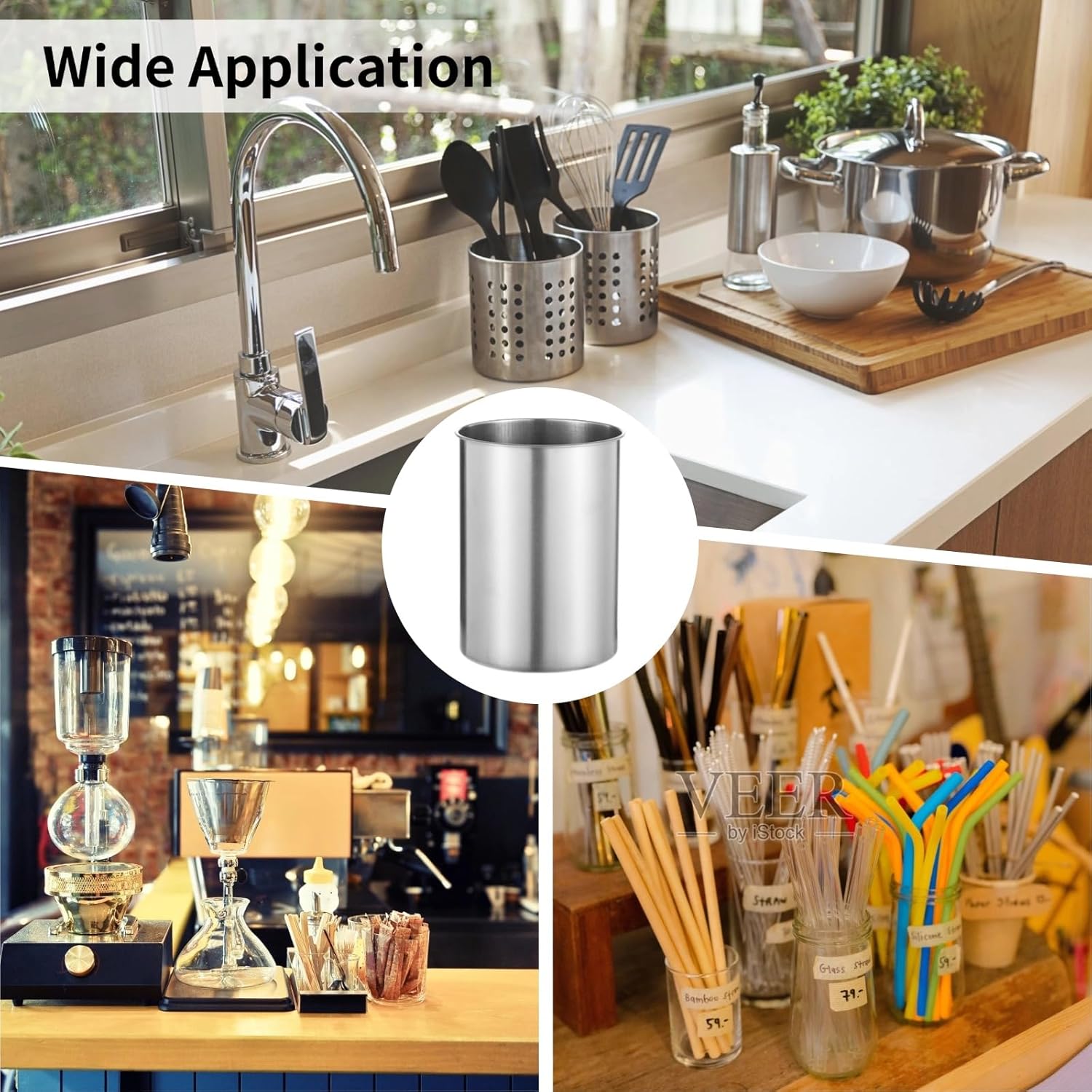 3 PCS Stainless Steel Kitchen Utensil Holders, 5.5 x 7.3 in Cylinder Kitchen Countertop Organizer, Dishwasher Safe Cooking Utensil Holder, Large Capacity for Cafe Restaurant Bakery