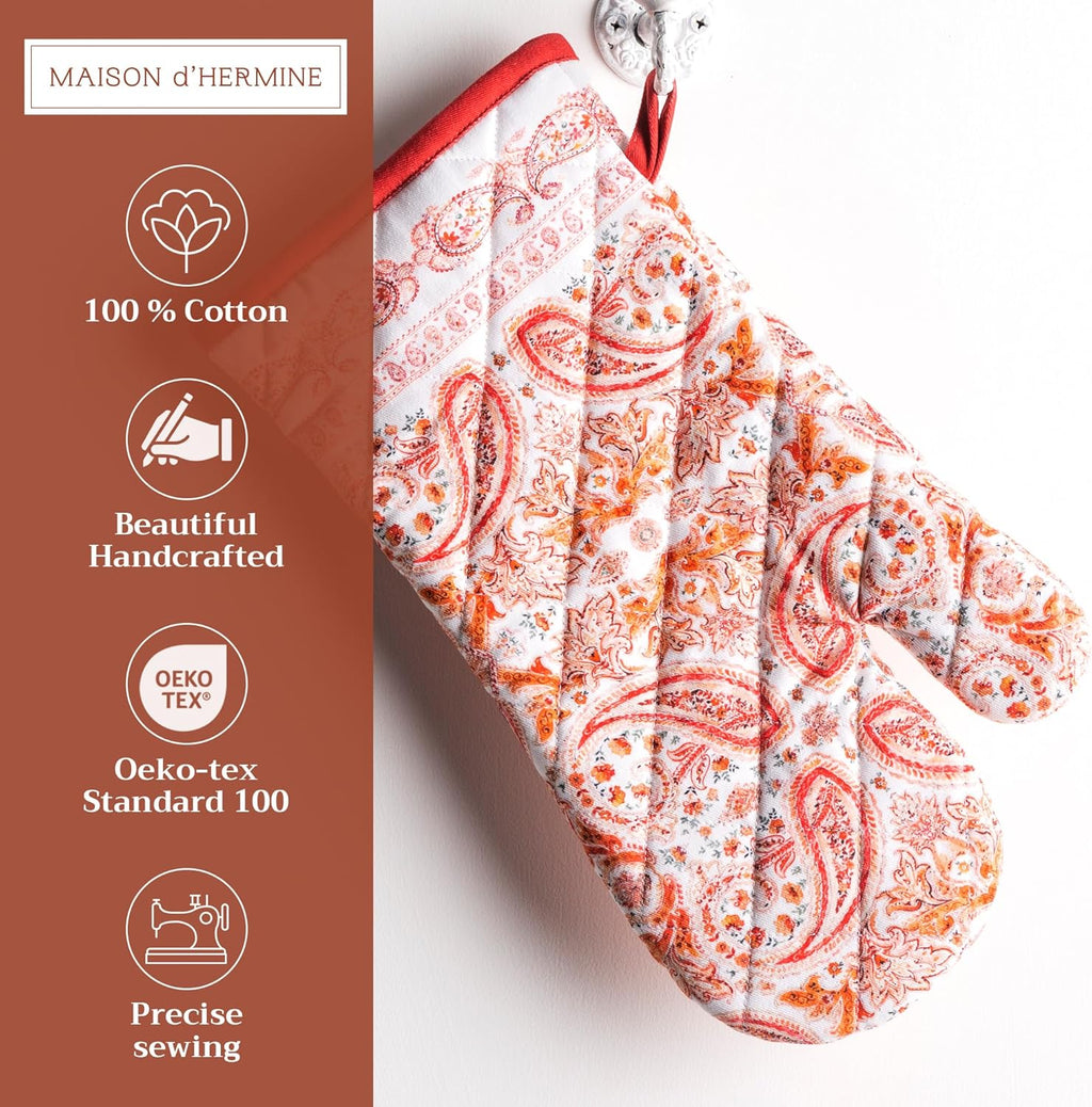 Maison d' Hermine Oven Gloves 100% Cotton Oven Mitt 7" x 13" with Loop Heat Resistant, BBQ, Cooking Gloves, Baking, Grilling, Kitchen, Handling Hot Pans (Pack of 1, Orient)