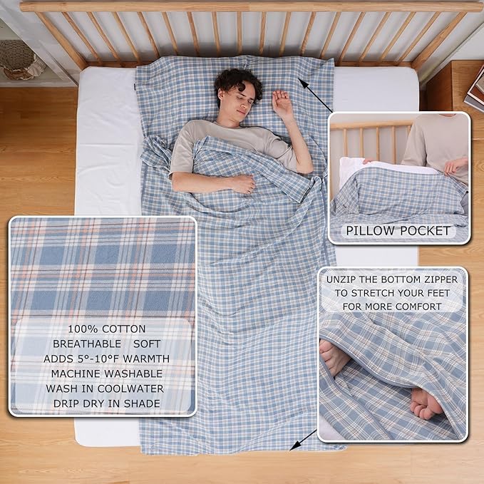 100% Cotton Sleeping Bag Liner with Full Length Zipper on 3 Sides; Single/Double Adult Sleep Sack for Travel & Camping, Multifunctional Travel Sheets (Unzipped 87”x87”) for Hotel, Lightweight