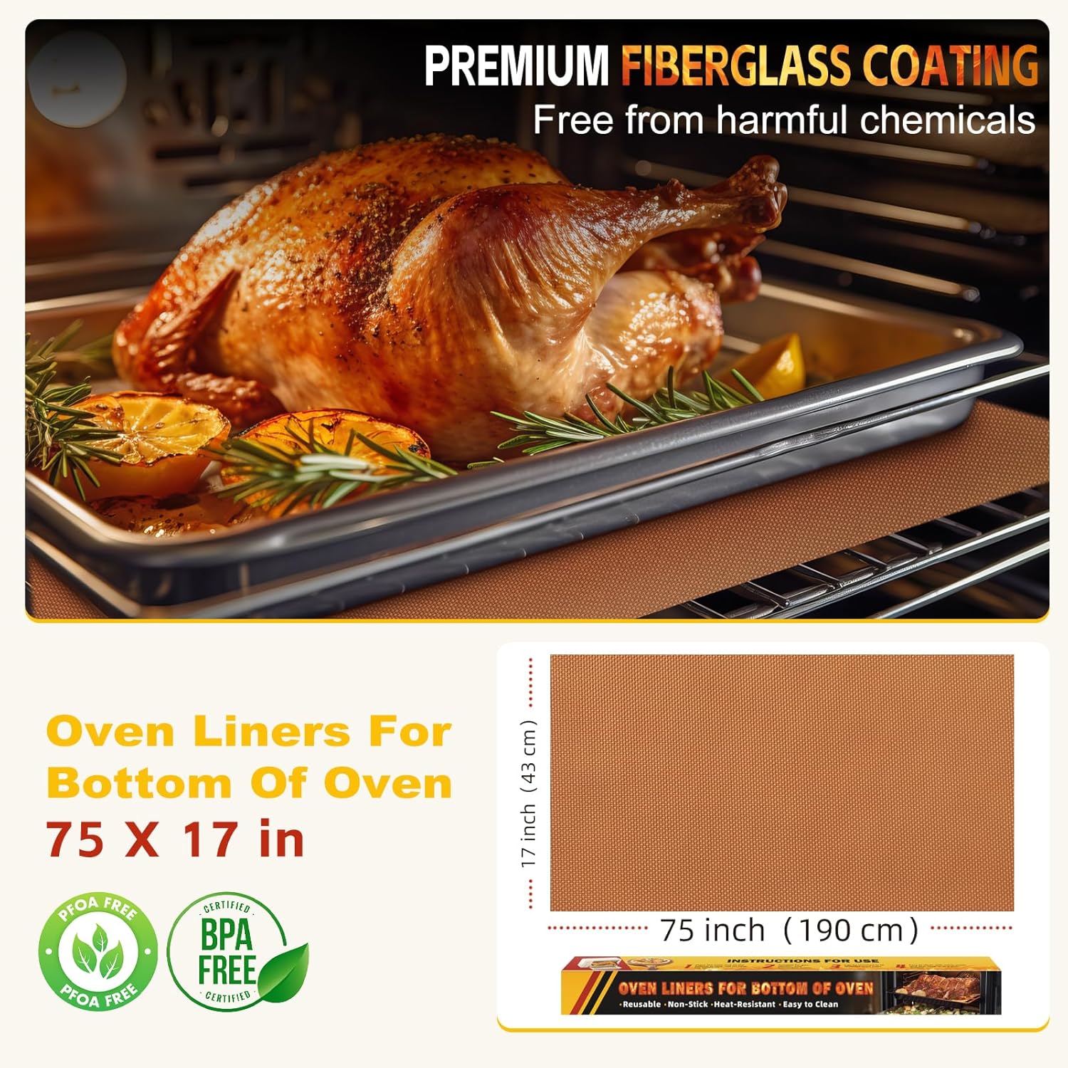 Large Oven Liners for Bottom of Oven, 17"x75" Heavy Duty Non-Stick Oven Liner Mat, Reusable Heat Resistant Grill & Baking Mat, BPA/PFOA Free Roaster Liners, Fits Electric, Gas, Toaster Ovens (Black)