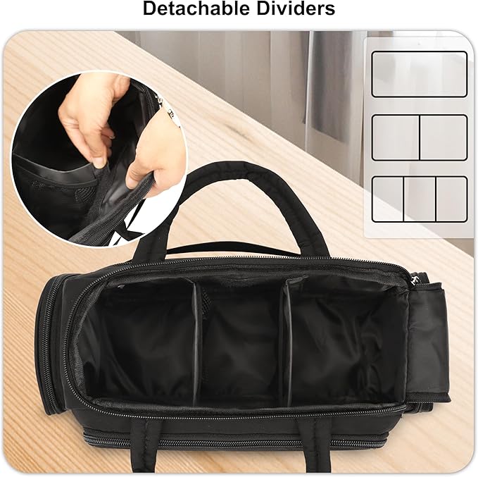 Travel Toiletry Bag for Women, Lightweight Wide-open Toiletries Travel Bag with Handle, Large Cosmetic Organizer with Makeup Brushes Compartment for Essentials for Trip, Camping - Black