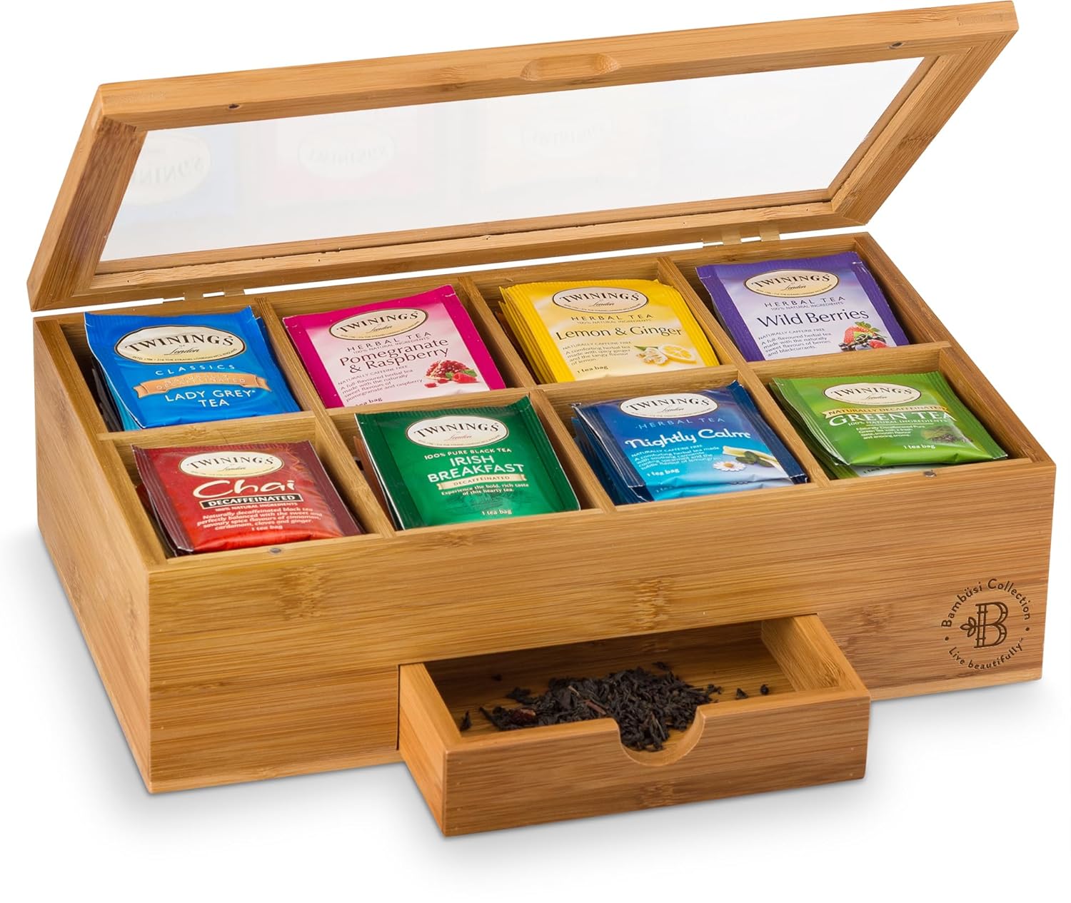 BAMBUSI Tea Bag Organizer - Bamboo Tea Box Storage with Drawer & Acrylic Window, Tea Organizer Holder, Tea Bag Holder, Tea Storage Box, Tea Box Organizer, Gift Idea for Home Kitchen (Tea Not Included)