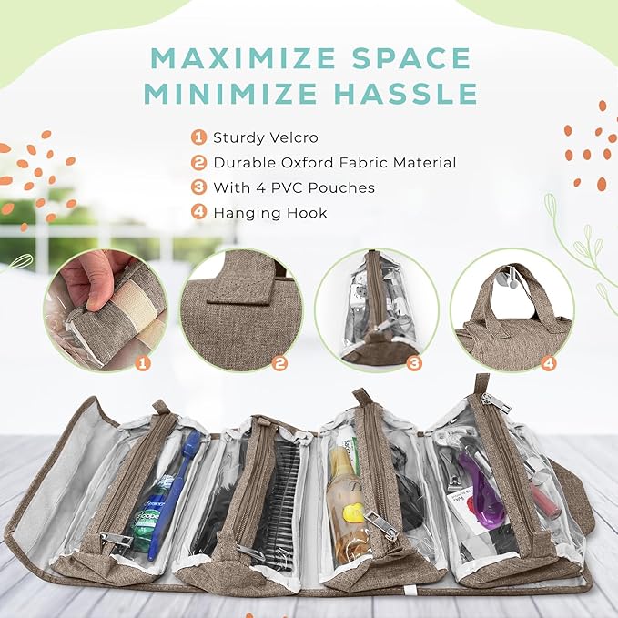 4-in-1 Hanging Toiletry bag - Roll-Up Makeup Bag - 4 Detachable PVC Zip Pouches – 600D Oxford Fabric, Versatile Travel Toiletry Organizer Bag - Makeup, Cosmetics, First Aid, Medicine Personal Care,