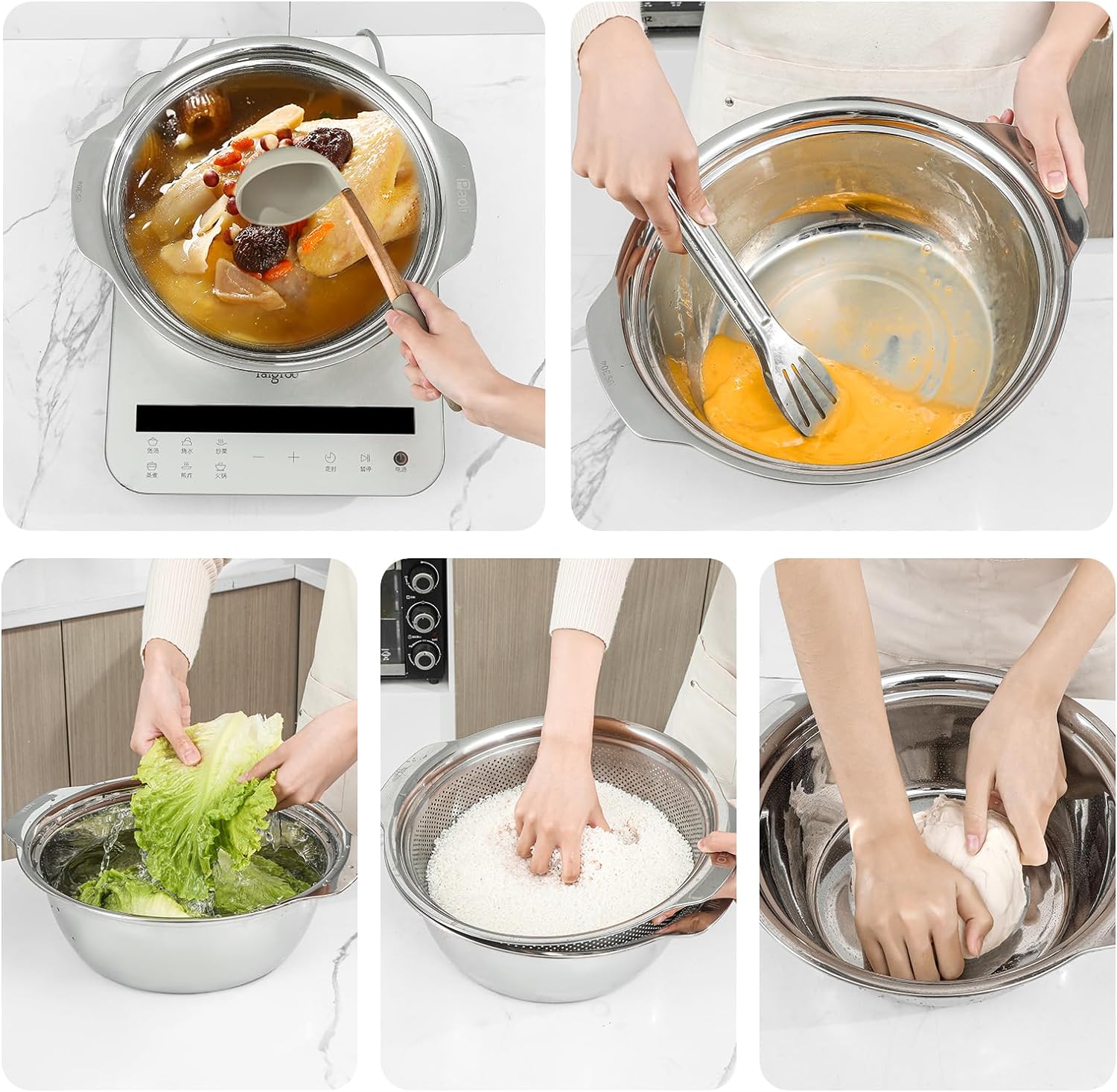 304 Stainless Steel Microporous Colander with Handle, Rice Washers Microporous Strainer Set For washing vegetables, fruits and rice, and draining cooked pasta(2QT with handle-Gold)