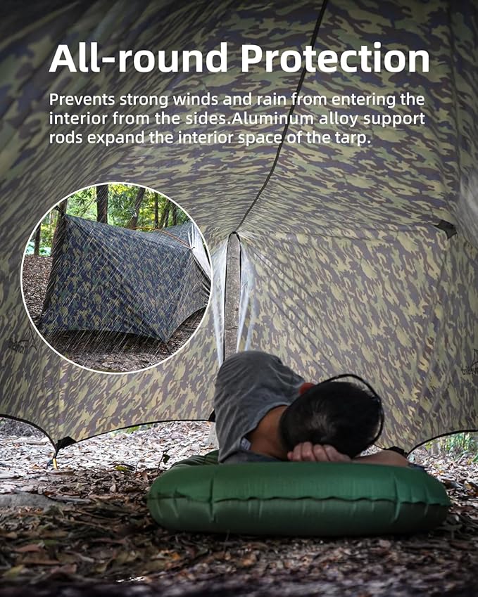 Ultralight Tarp, 14ft Hammock Rain Fly Lightweight Waterproof Camping Tent Tarp with Doors, Bushcraft Tarp Shelter for Backpacking Hiking Camping