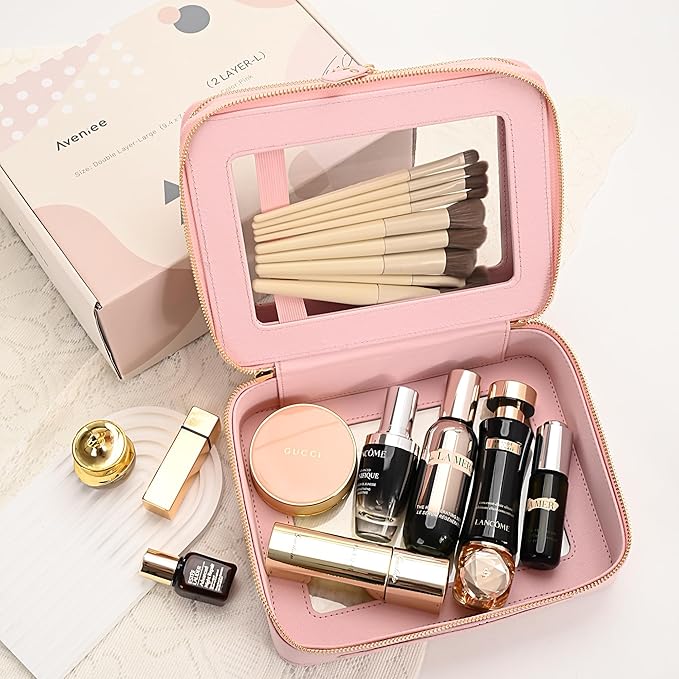 Aveniee Clear Makeup Bags, Double Layer Cosmetic Bags with a Separate Brush Compartment, Travel Toiletry Bag Train Case for Women, Travel Accessories Organizer for Purse(2 Layers Large,Pink)