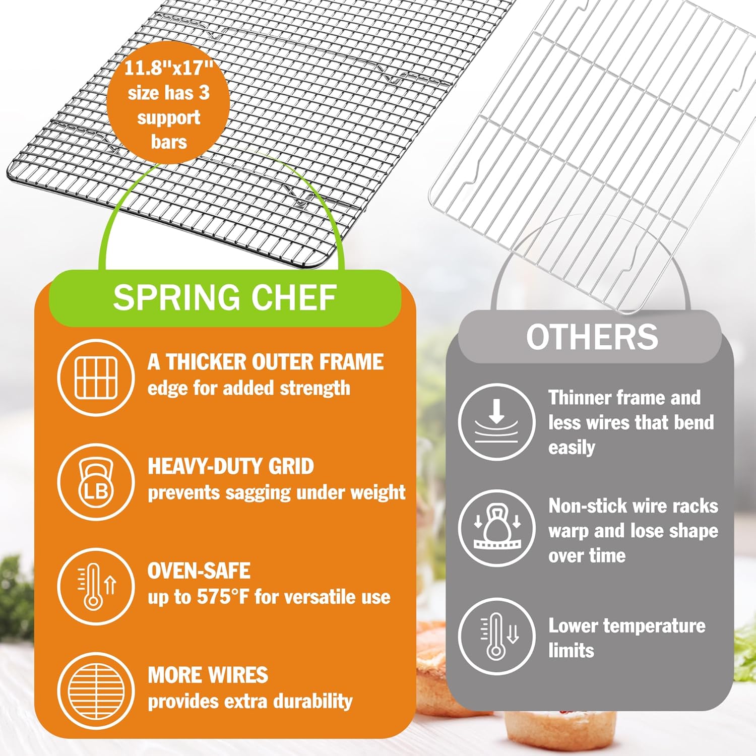 Spring Chef 11.8" x 17" Stainless Steel Cookie Cooling Rack - Oven Safe - Baking Rack for Bacon, BBQ, Jerky, Bread, Pizza, Cake - Fits Half Sheet Roasting Pan - Dishwasher Safe