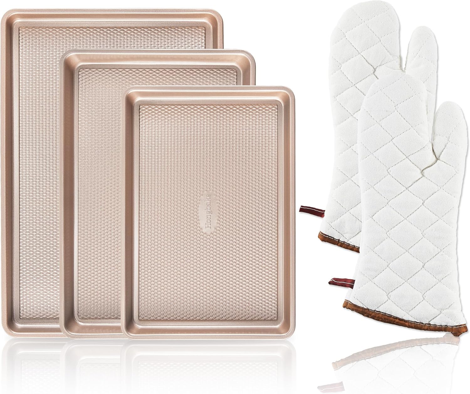 HONGBAKE 3 Pack Gold Nonstick Baking Sheet Pan Set with Oven Mitts Heat Resistant, Non-Toxic Half/Quarter/Jelly Roll Pans with Diamond Texture Pattern, Heavy Duty 0.8mm Thick Cookie Trays for Cooking