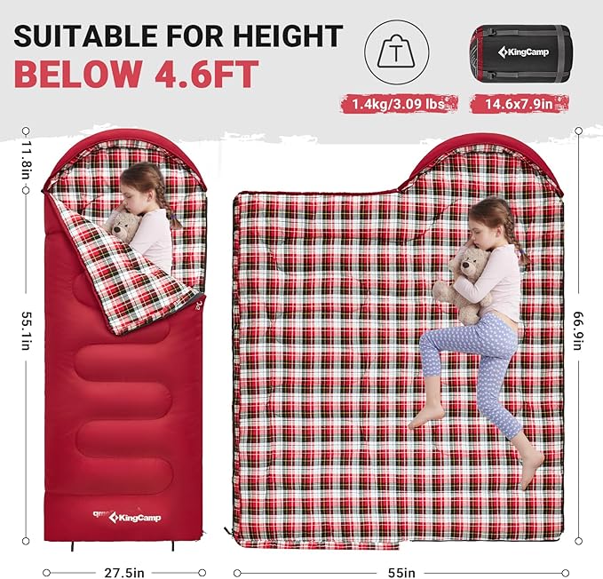 KingCamp 45°F Kids Sleeping Bag, Lightweight Waterproof & Compact Flannel Sleeping Bags Cold Weather & Warm Youth Essentials Gear Accessories for Camping, Fits 10-12 Children up to 5'5" Tall