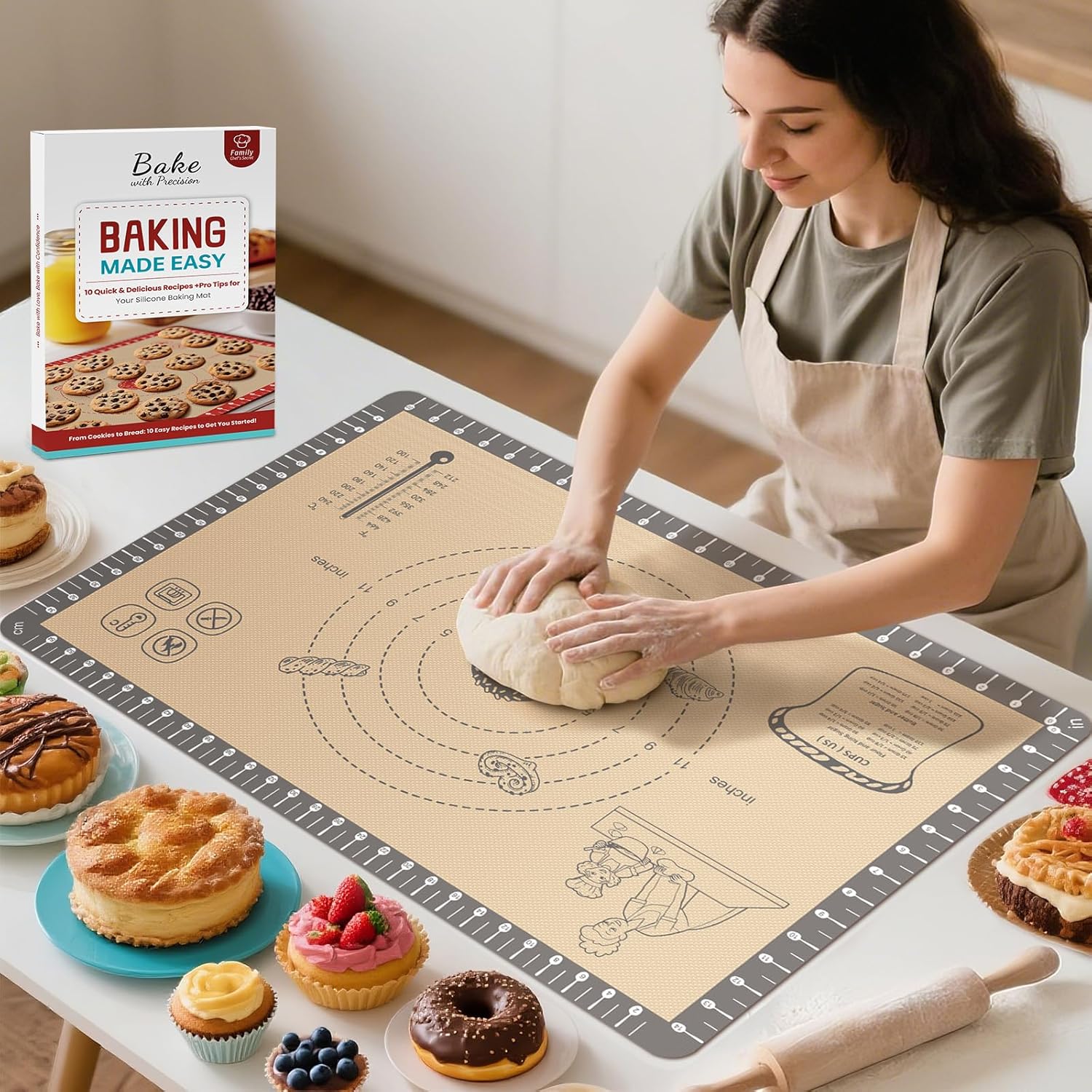 Silicone Mat for Baking, Extra Thick Silicone Baking Mat with 10 Easy Recipes, Non Stick Pastry Mat for Dough Rolling, Macaron, Cookie, bread, Pizza, Fondant/Pie Crust, Oven& Dishwasher Safe