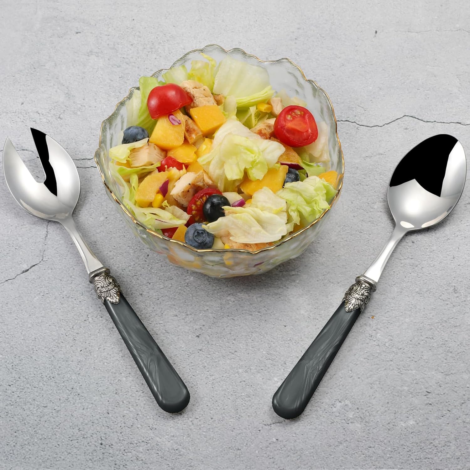 2-piece Salad Servers Stainless Steel Salad Serving Set Salad Fork and Spoon (Grey)