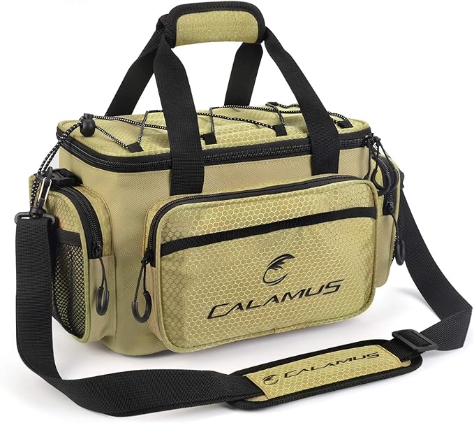 Calamus Fishing Tackle Bags - Fishing Bags for Saltwater or Freshwater Fishing - Rip-Stop PE - Padded Shoulder Strap - Pliers Storage -Khaki