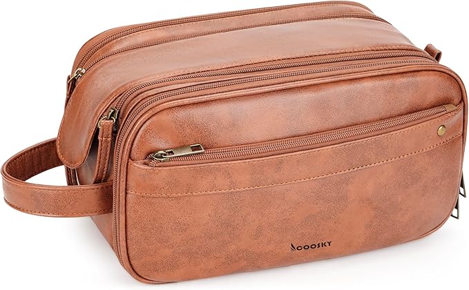 Travel Toiletry Bag for Men, Large Hanging Toiletries Organizer Bags for Women, Cruise Ship Essentials, Water-resistant Shaving Case, PU Leather Makeup Accessories, Cosmetic Dopp Kit, Brown