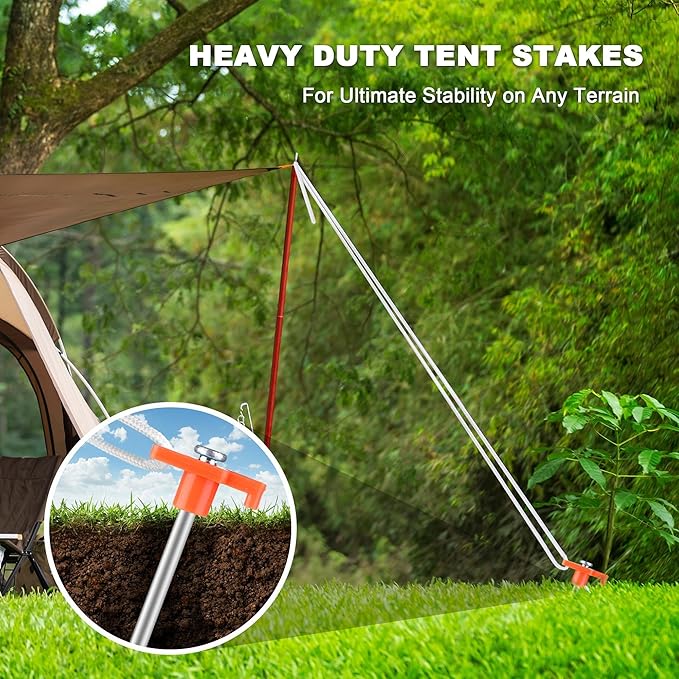 Aodaer 12 Pack Tent Stakes Heavy Duty Tent Pegs 10.25 Inch Non-Rust Metal Yard Stakes with 4x10ft Ropes and Storage Bag Inflatable Stakes for Gardening & Canopies, Camping Halloween Christmas, Orange