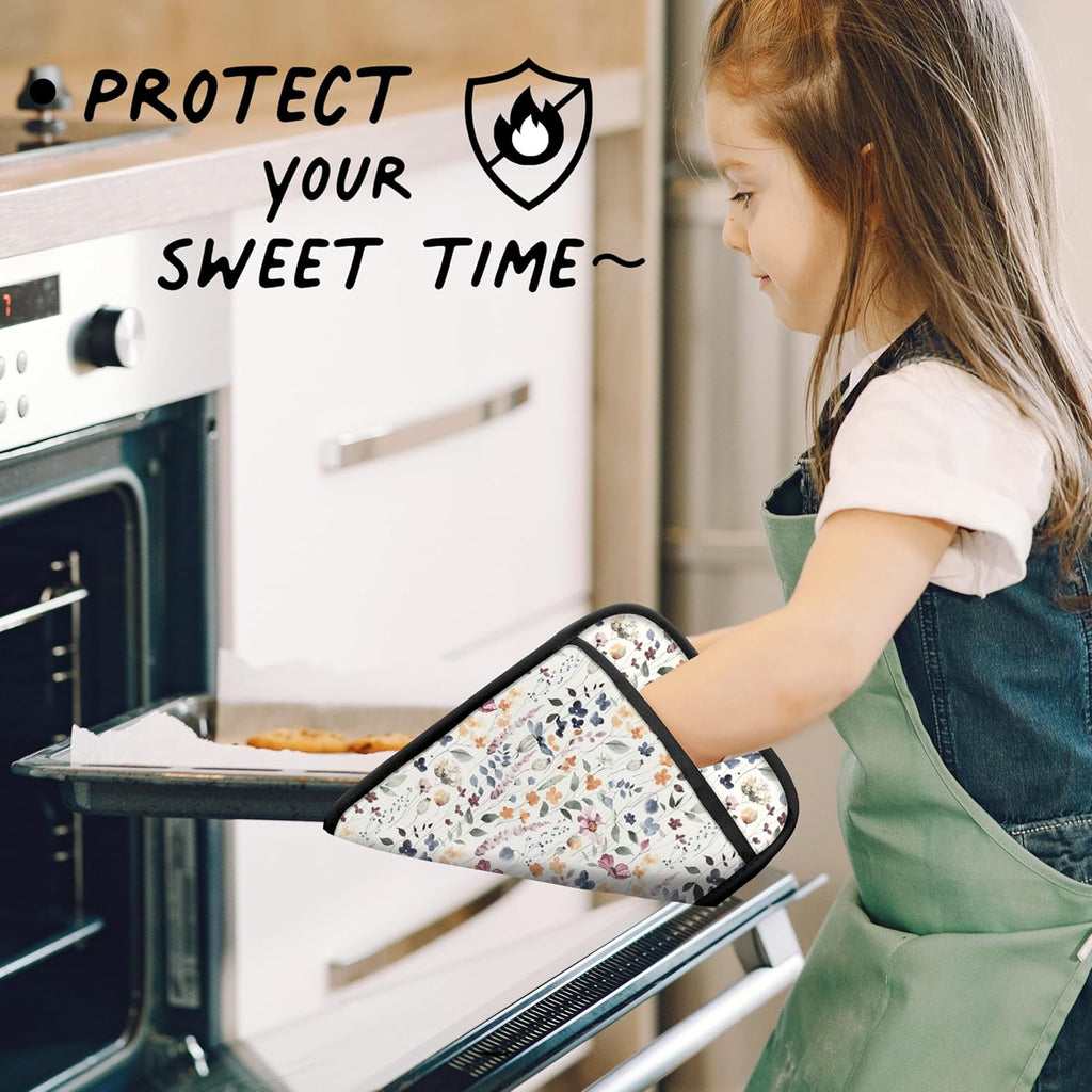 Vintage Floral Oven Mitts Set, Colorful Wildflowers Floral Heat Resistant Kitchen Oven Gloves for Baking and Cooking,Pot Holders