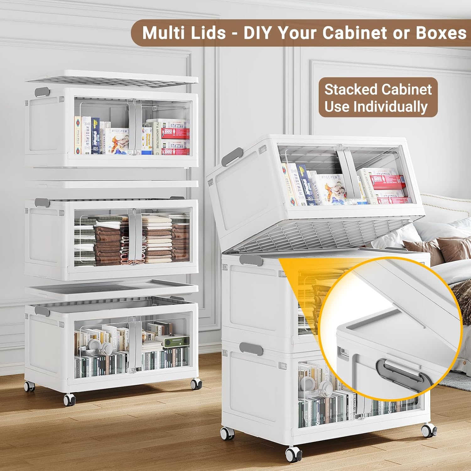 800QT Stackable Storage Bins with Lids, 200Gal Extra Large Collapsible Storage Box with Wheel, Plastic Storages with Clear Door Open Front for Home Bedroom Garage, White-5pack(5 lids)