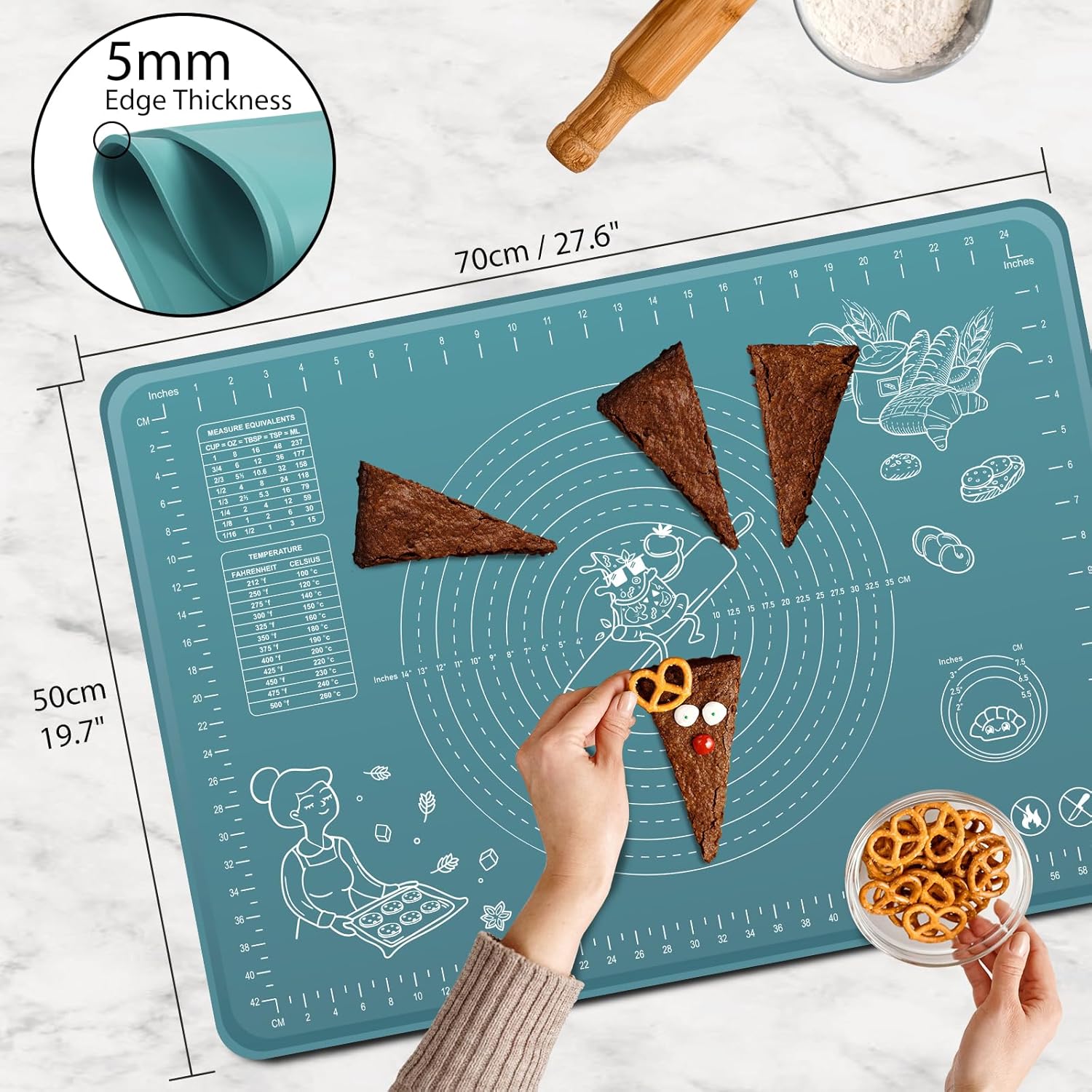 Silicone Pastry Mat 28" x 20" Extra Thick Non Stick Baking Mat with Measurements and Edge Heightening, Food Grade Silicone Rolling Mat for Pastry, Bread, Cookies, Pizza, Fondant, Pasta