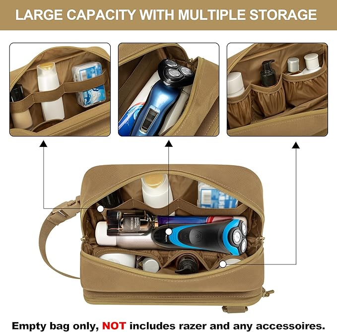 Tactical Toiletry Travel Bag for Men, Dopp Kit Shaving Organizer Case for Toiletries, Shower and Grooming Care Accessories, Khaki(Empty Bag Only, Patent Design)