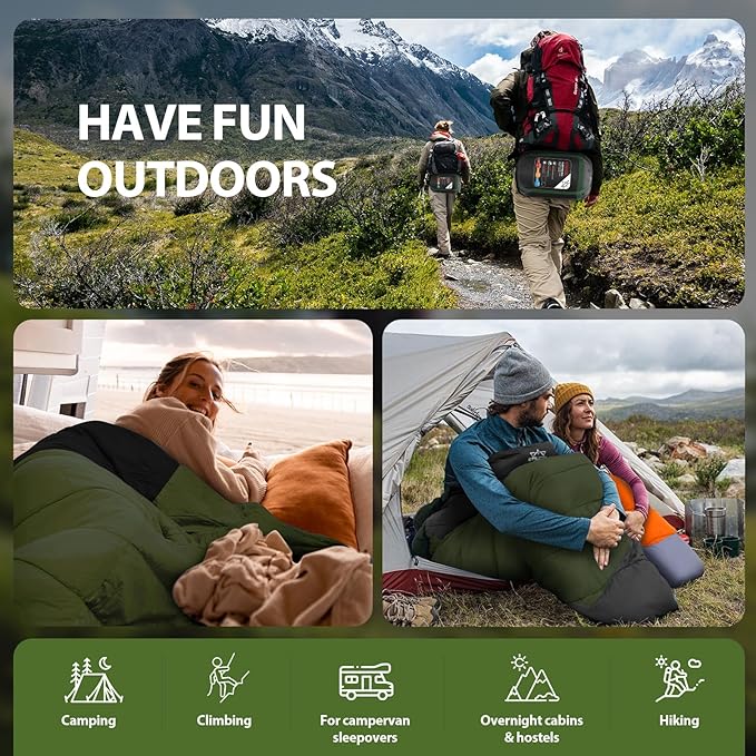 Adult Kids Sleeping Bag - All Season Warm/Cold Weather Lightweight for Camping & Hiking - Compact w/Compression Sack - Portable for Backpacking Travel Indoor - Unisex Boy Girl Man Woman