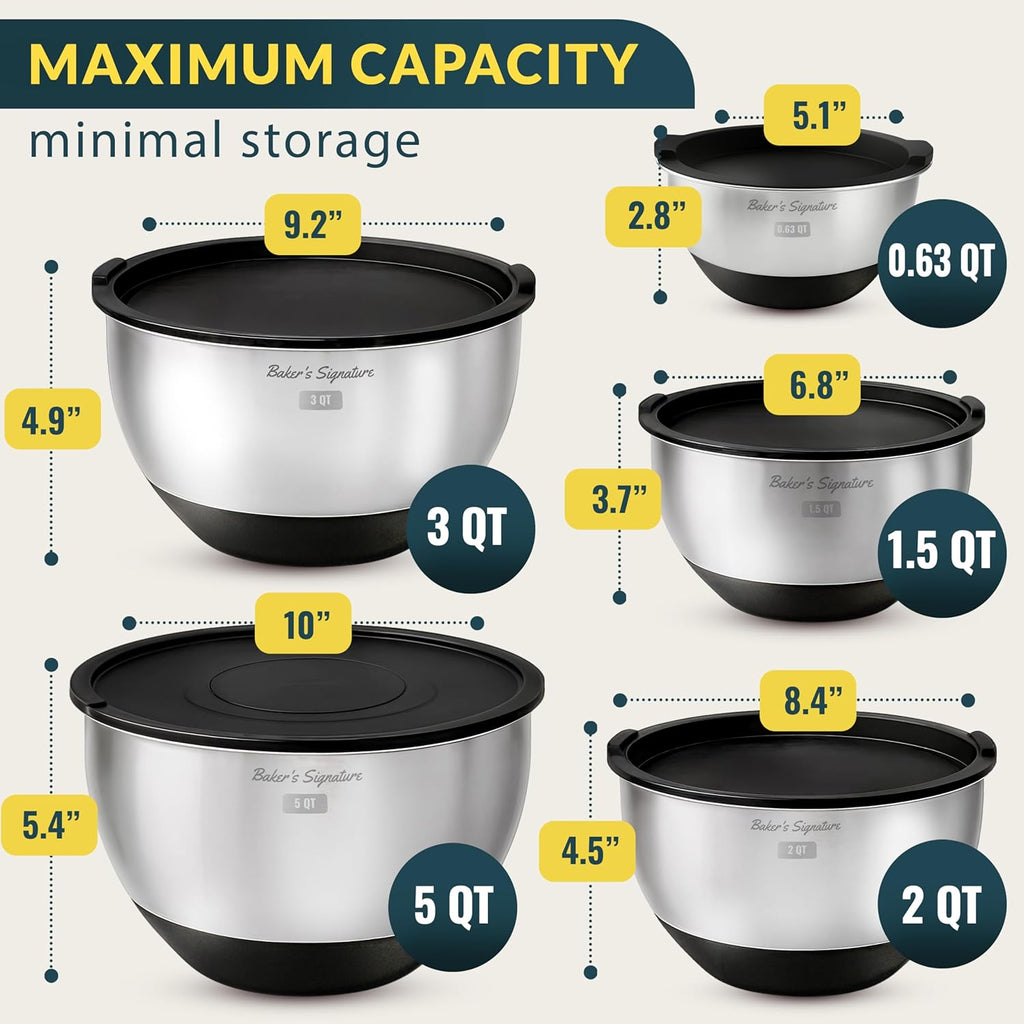 Stainless Steel Mixing Bowls with Lids Set, 5 Sizes, 3 Graters, Non-Slip Base, Airtight Lids, Metal Mixing Bowls for Kitchen, Food Prep, Storage, 0.63QT-5QT, Black