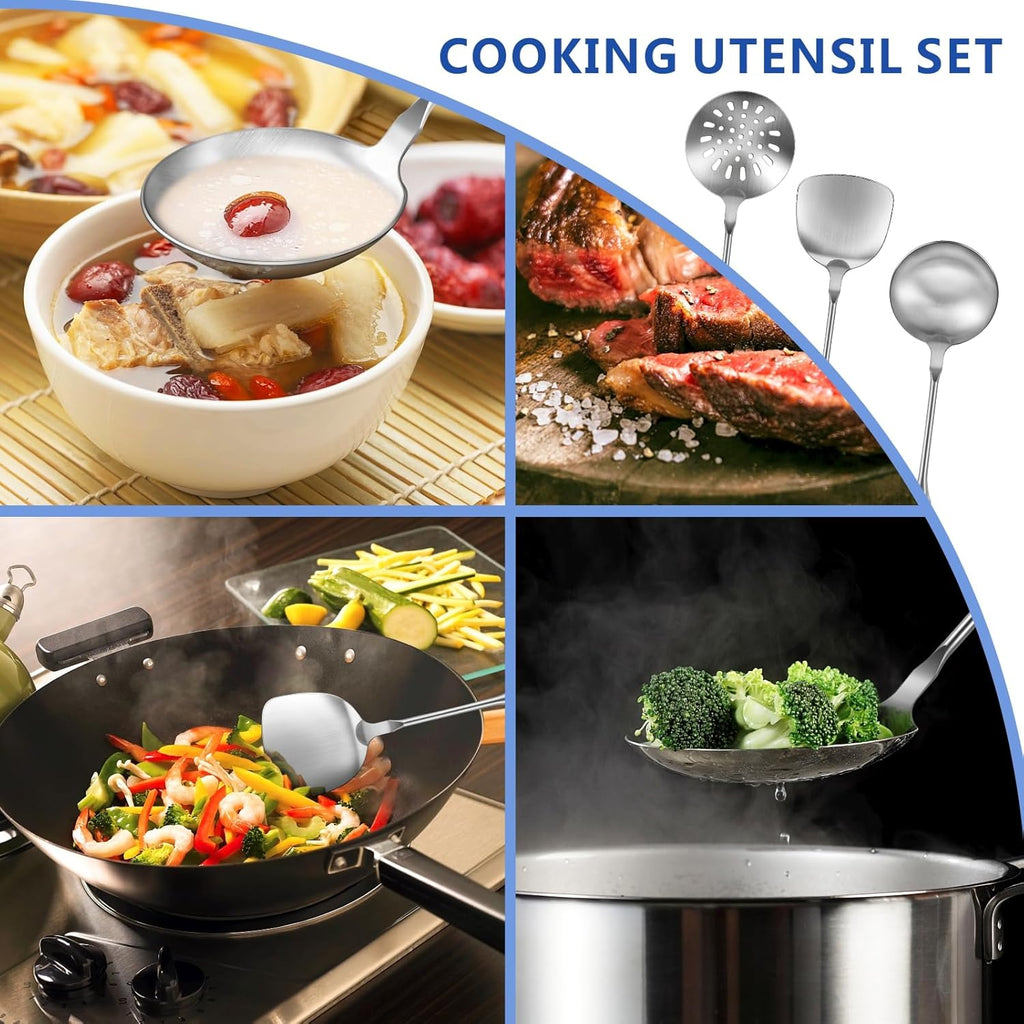 Wok Utensils Tools for Carbon Steel,Stainless Steel 3-Pieces Wok Spatula Set,Wok Tools Professional Set, Heat-Resistant Handle, Skimmer, Soup Ladle, Ideal for Gift