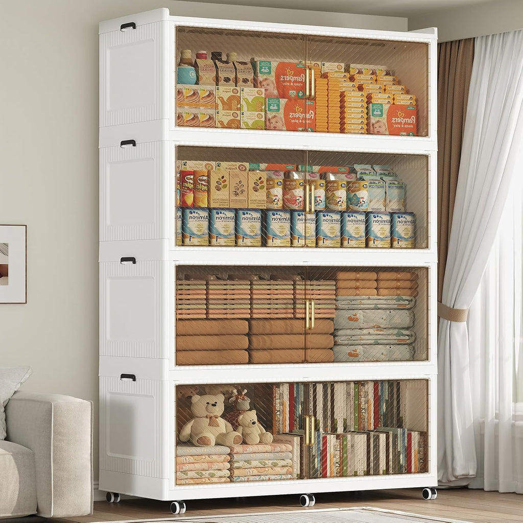 200GAL Extra Large Storage Bins with Lid, 800QT Plastic Stackable Storage Bins with 6x Wheels, Collapsible Closet Organizer and Storage Drawer Cabinet for Living Room Office Dorm, 4Pack White