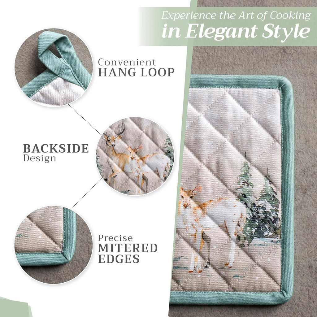 Maison d' Hermine 100% Cotton Oven Mitt & Pot Holder Set (7.5"x13" & 8"x8") Heat Resistant BBQ Cooking Gloves with Loop, Baking, Grilling, Kitchen, Handling Hot Pans (Deer in The Woods)