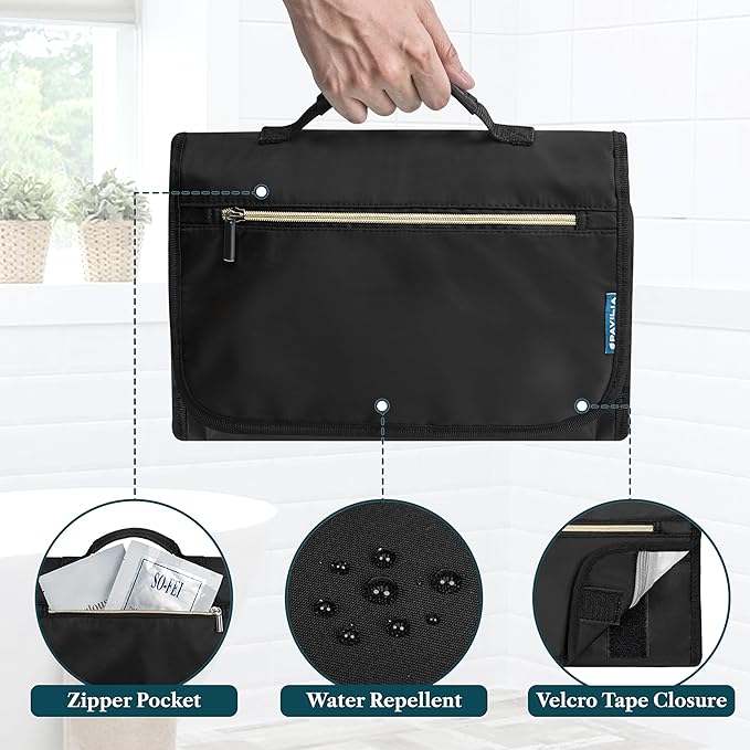 PAVILIA Hanging Toiletry Bag Women Men, Travel Kit Foldable Large Toiletries Organizer, Roll up Cosmetics Makeup Bag Accessories, Waterproof Essentials Jewelry Case (Black)