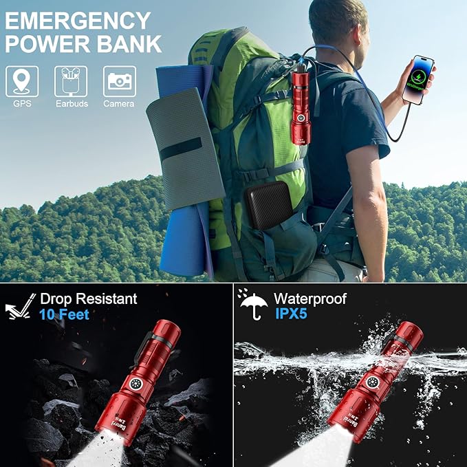 Flashlights High Lumens Rechargeable, 20,000 Lumens Super Bright 1500 Meters Long Range Small Powerful Flashlight, 6 Modes LED Tactical Pocket Waterproof Flash Light for Home Emergency (2, Red)