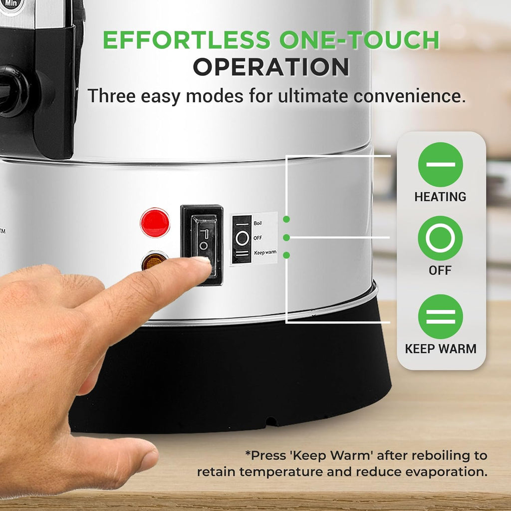 NutriChef Water Boiler and Hot Water Dispenser, 8L Electric Beverage Dispenser with Safety Lock Lid, Non-Drip Tap, Warm Function, Food Grade Stainless Steel, Home & Commercial Use, 19"x9"x9", Silver