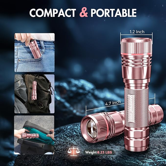 WdtPro Rechargeable Flashlights High Lumens, 2 Pack Super Bright LED Small Tactical EDC Flashlight with 10H Runtime, Portable Flash light for Camping, Home, Emergency Essentials Pink(Battery Included)