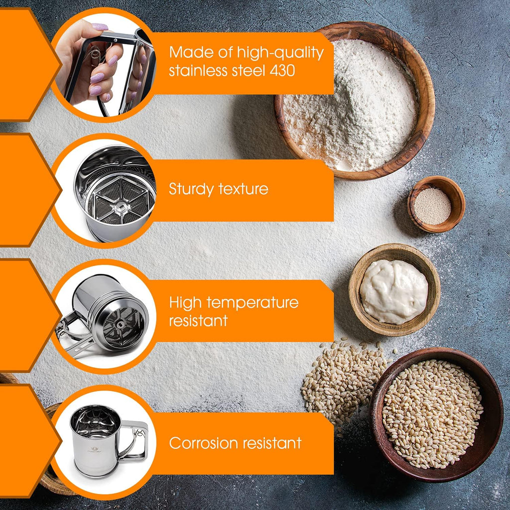 Flour Sifter , 3 Cup Stainless Steel , Great Double-layer Baking Sifters for all Baking Flour and Powdered sugar, Flour Strainer