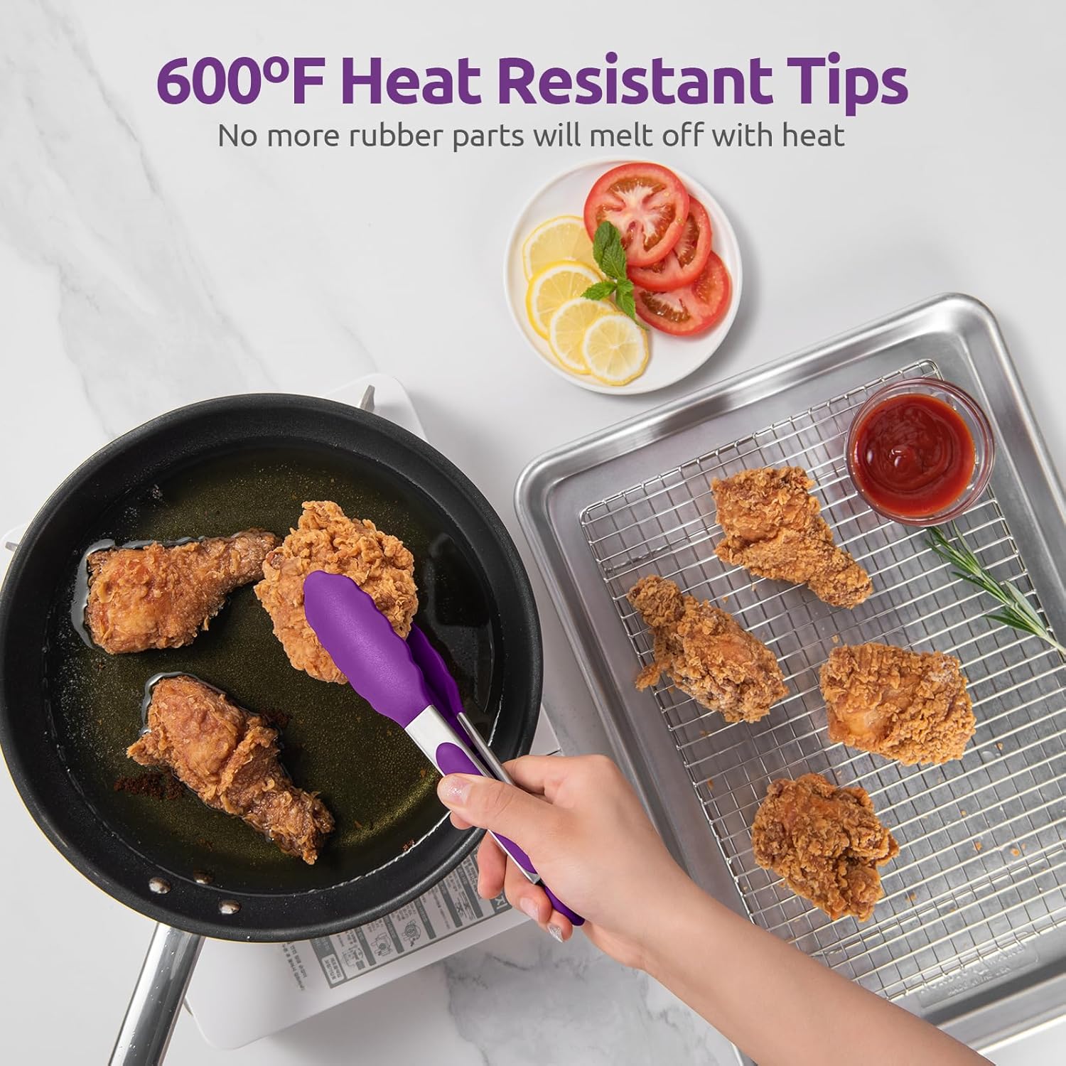 600ºF Heat Resistant Kitchen Tong: U-Taste 7 inch Silicone Cooking Tong with Firm Sealed Non Stick Rubber Tips & Silicon Coated 18/8 Stainless Steel Handle & Smooth Locking for Serving Salad (Purple)