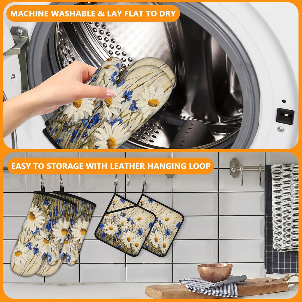 Daisy Flowers Oven Mitts and Pot Holders Sets 4Pcs,Extra Long Oven Gloves Potholder for Kitchen Cooking Baking BBQ 100% Cotton Heat Resistant