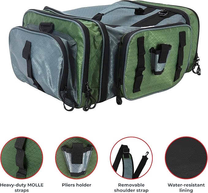 OSAGE RIVER Large Waterproof Fishing Tackle Bag with Padded Shoulder Strap, Ripstop Soft Sided Bag with Fishing Pliers Holder