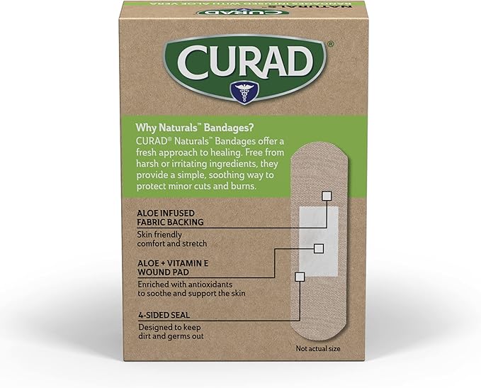 CURAD Naturals Aloe Vera & Vitamin E Bandages 0.75" x 3", Individually Wrapped Sterile Bandage, First Aid Kit Essential, Protects Scrapes and Cuts, Absorbent and Self-Adhesive, 30-Count Box