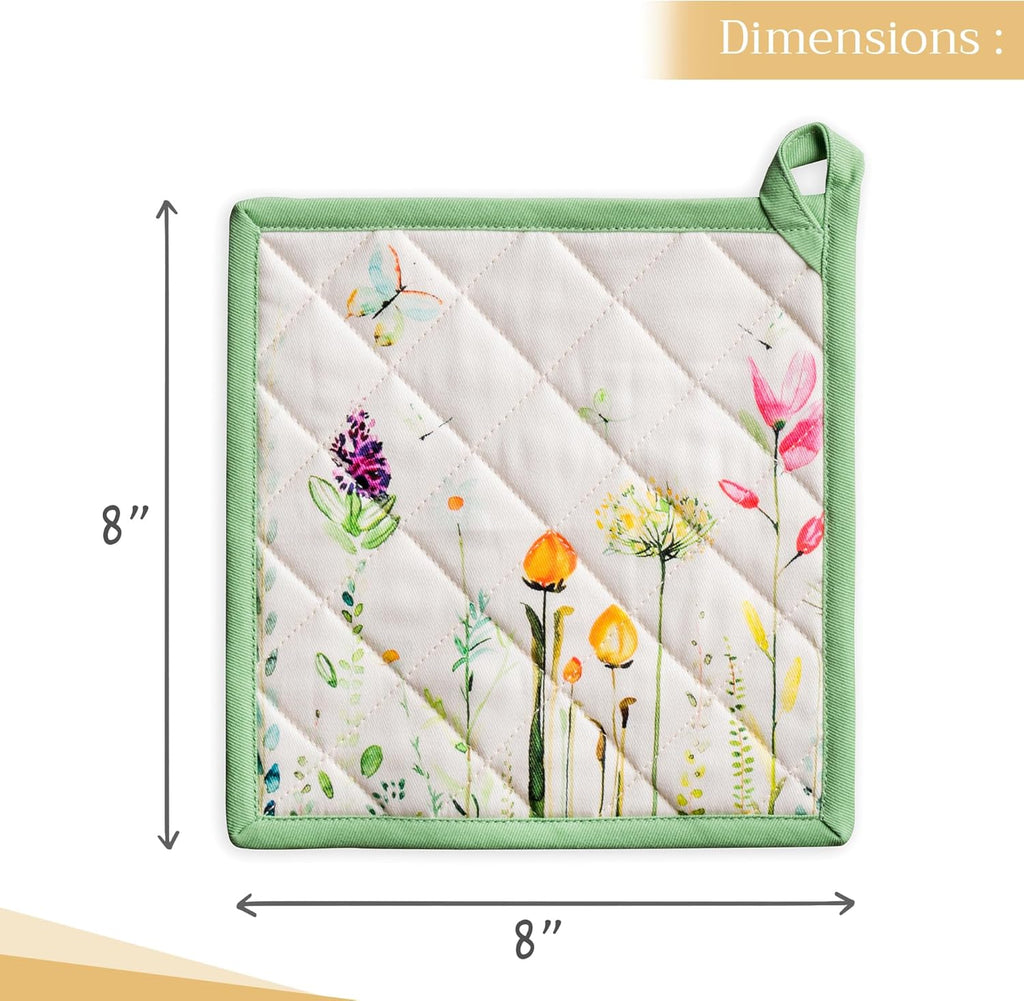 Maison d' Hermine Pot Holders set 100% Cotton Heat Resistant Potholders 8" x 8" Hot Pads with Loop BBQ, Cooking, Baking, Grilling, Kitchen, Handling Hot Pans Spring/Summer (Pack of 2, Botanical Fresh)