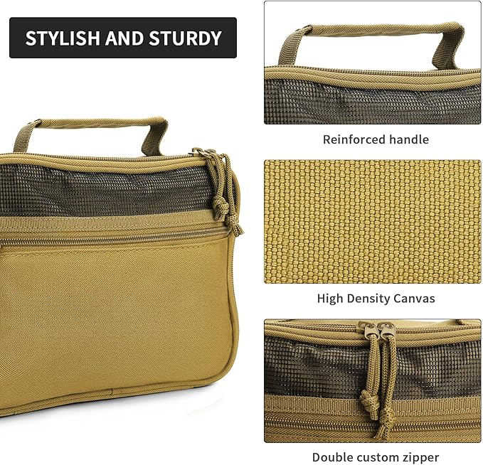 SUNRISING Tactical Toiletry Bag for Men - Hanging Travel Dopp Kit, Shaving Hygiene Organizer, Durable Bathroom Essentials for Short Trips & Camping Khaki（No molle）